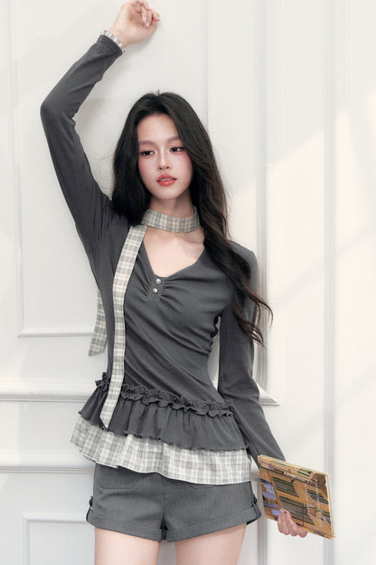 V-Neck Plaid Ruffled T-Shirt and Pants Set-Up