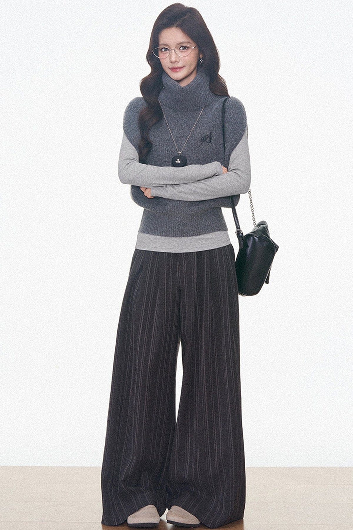 Layered Turtleneck Sweater and Pants 3-Piece Set-Up