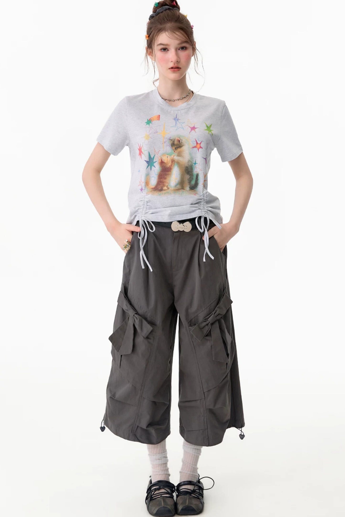 Cat Print Drawstring T-Shirt