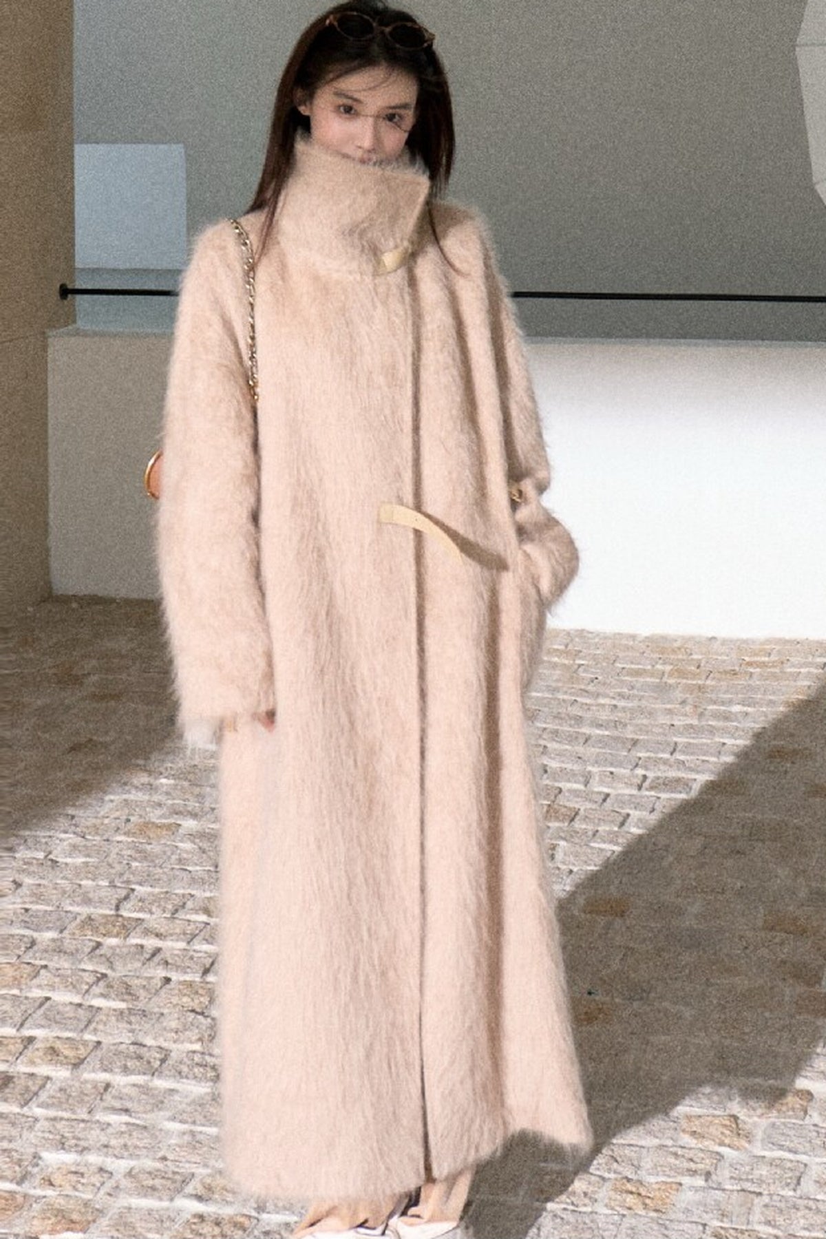 Brushed Cashmere Silk Funnel Collar Coat