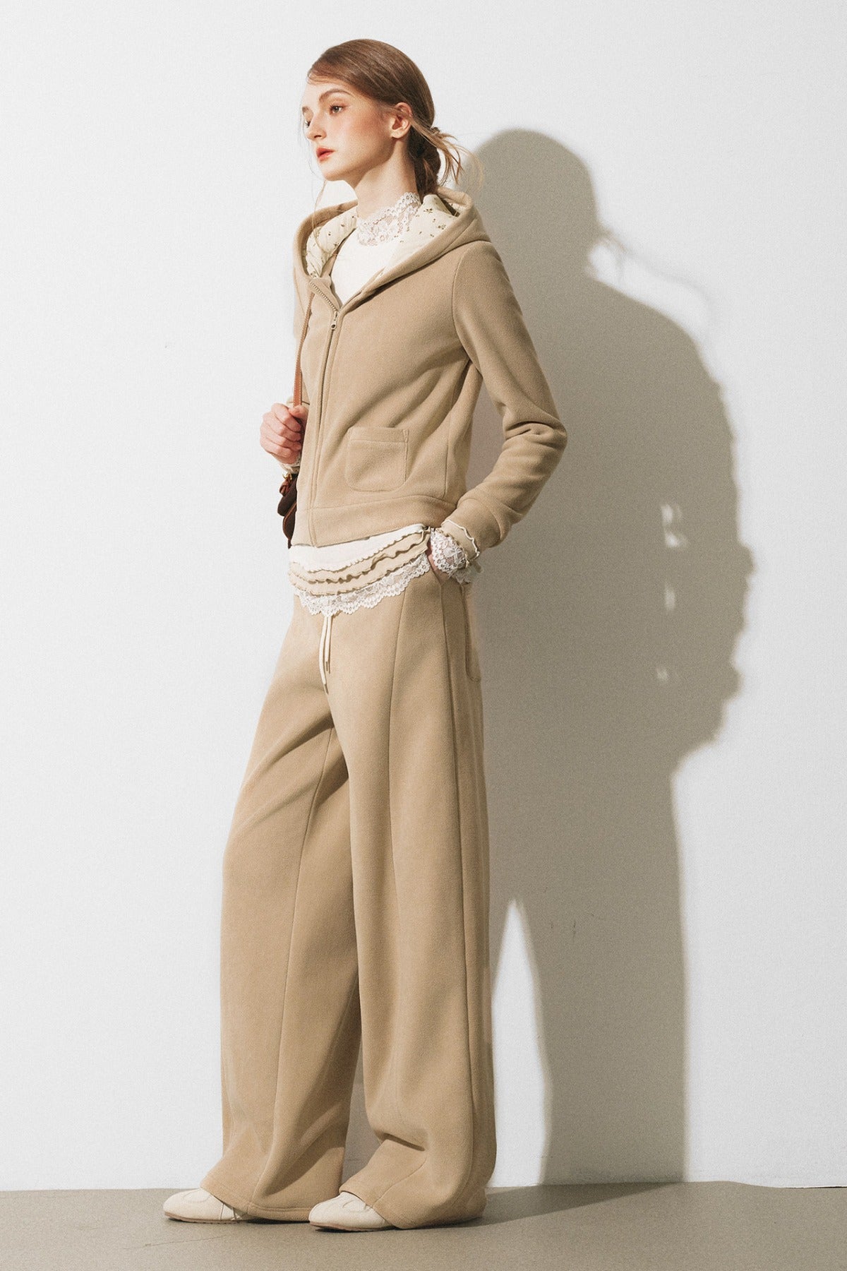 Oatmeal Fleece Hooded Sweatshirt Jacket and Wide-Leg Pants Set-Up