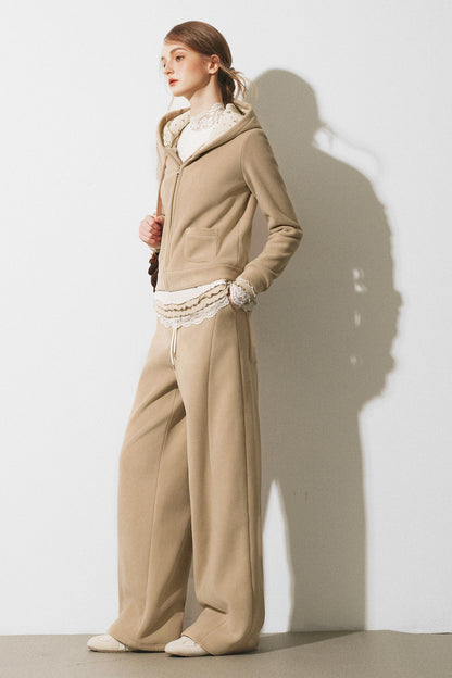 Oatmeal Fleece Hooded Sweatshirt Jacket and Wide-Leg Pants Set-Up