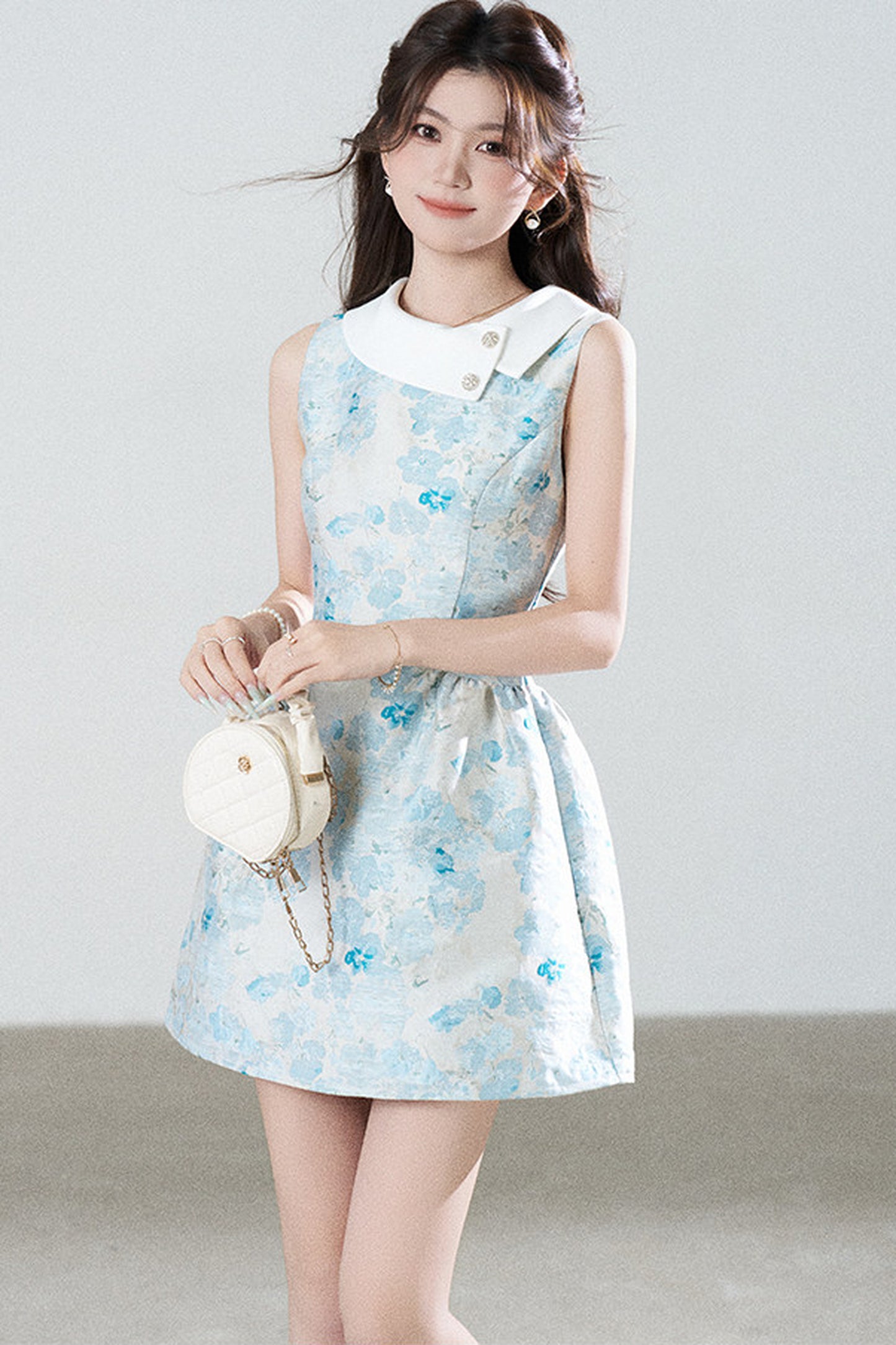 Blue Floral Jacquard Sleeveless Dress