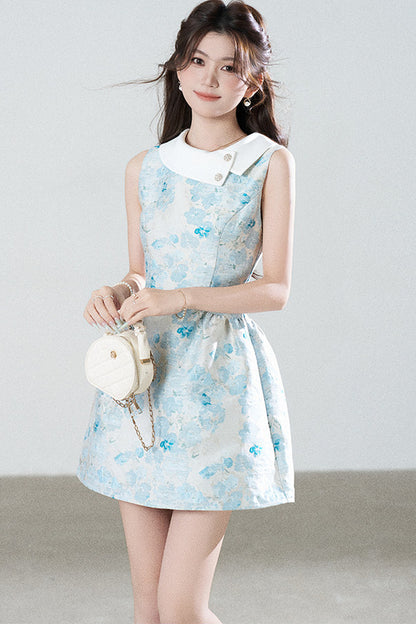 Blue Floral Jacquard Sleeveless Dress