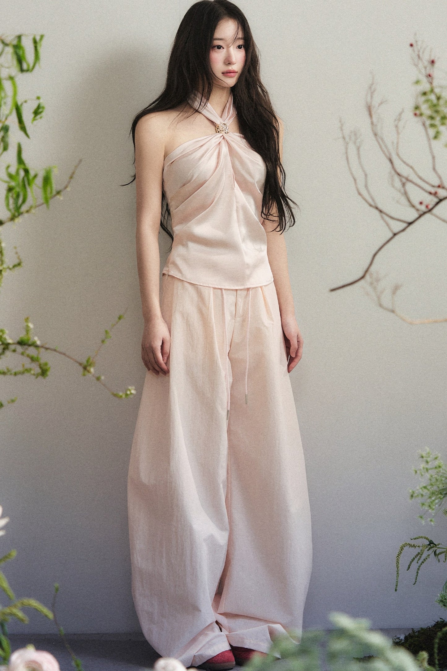 Knotted Halter Top and Satin Wide-Leg Pants Set-Up