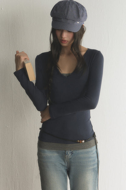 Layered-Look V-Neck Long-Sleeve T-Shirt