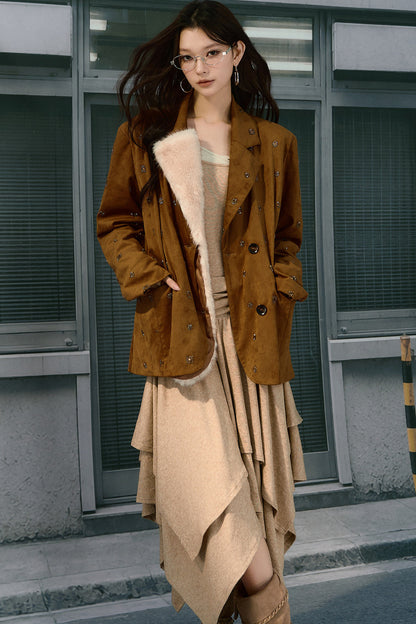 Beaded Suede Detachable Fur Collar Jacket