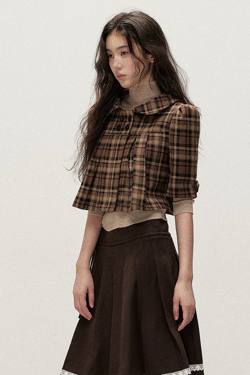 Vintage Woolen Pleated Mid-Sleeve Top
