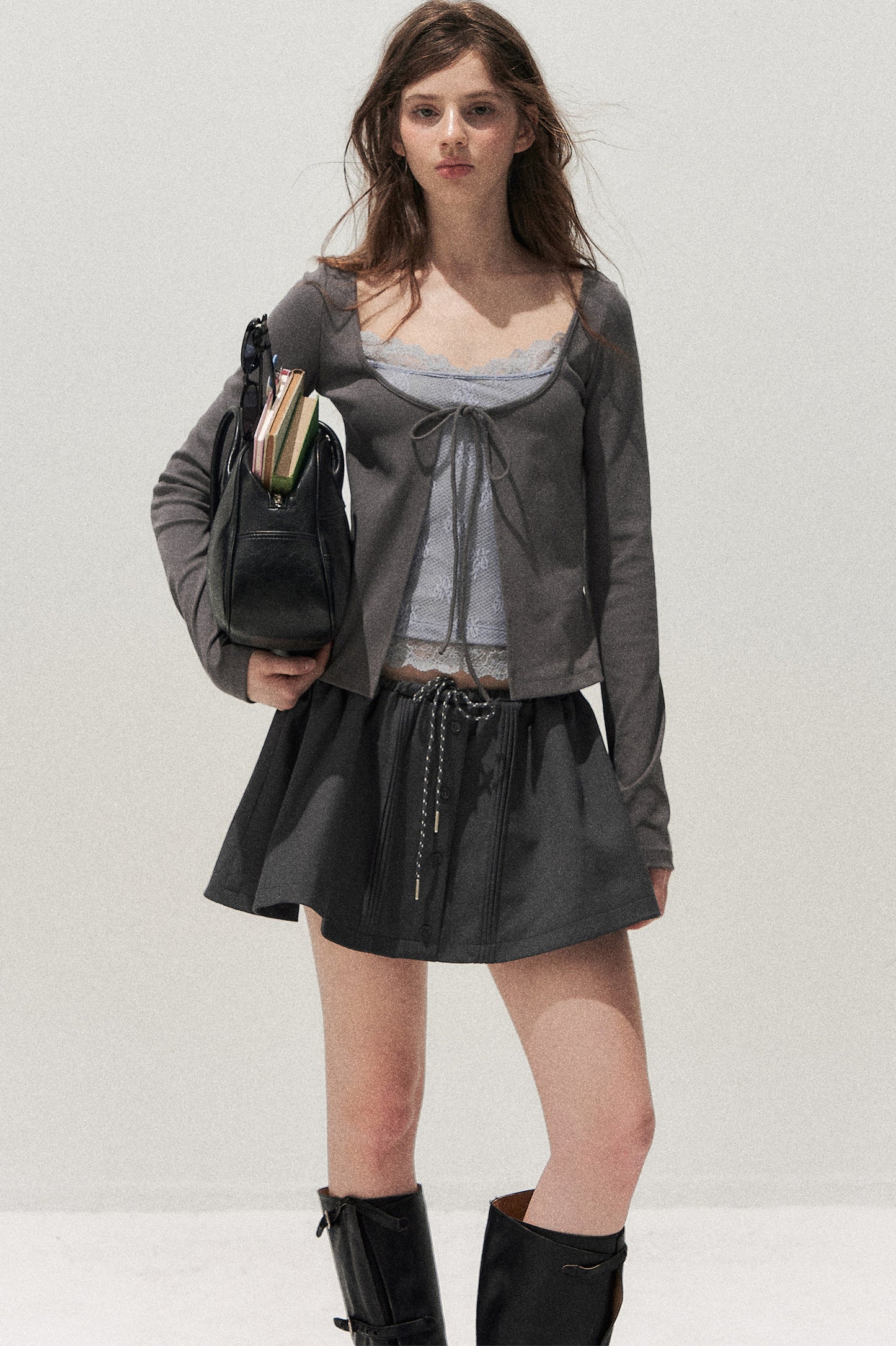 Lace Spliced Tie-Up Long Sleeve Top
