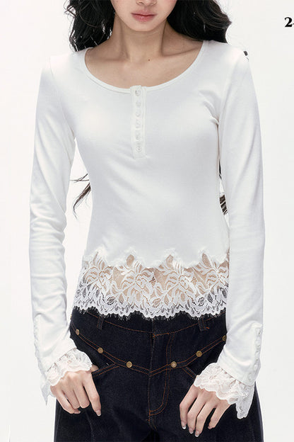 Asymmetrical Lace Henley Long-Sleeved Shirt