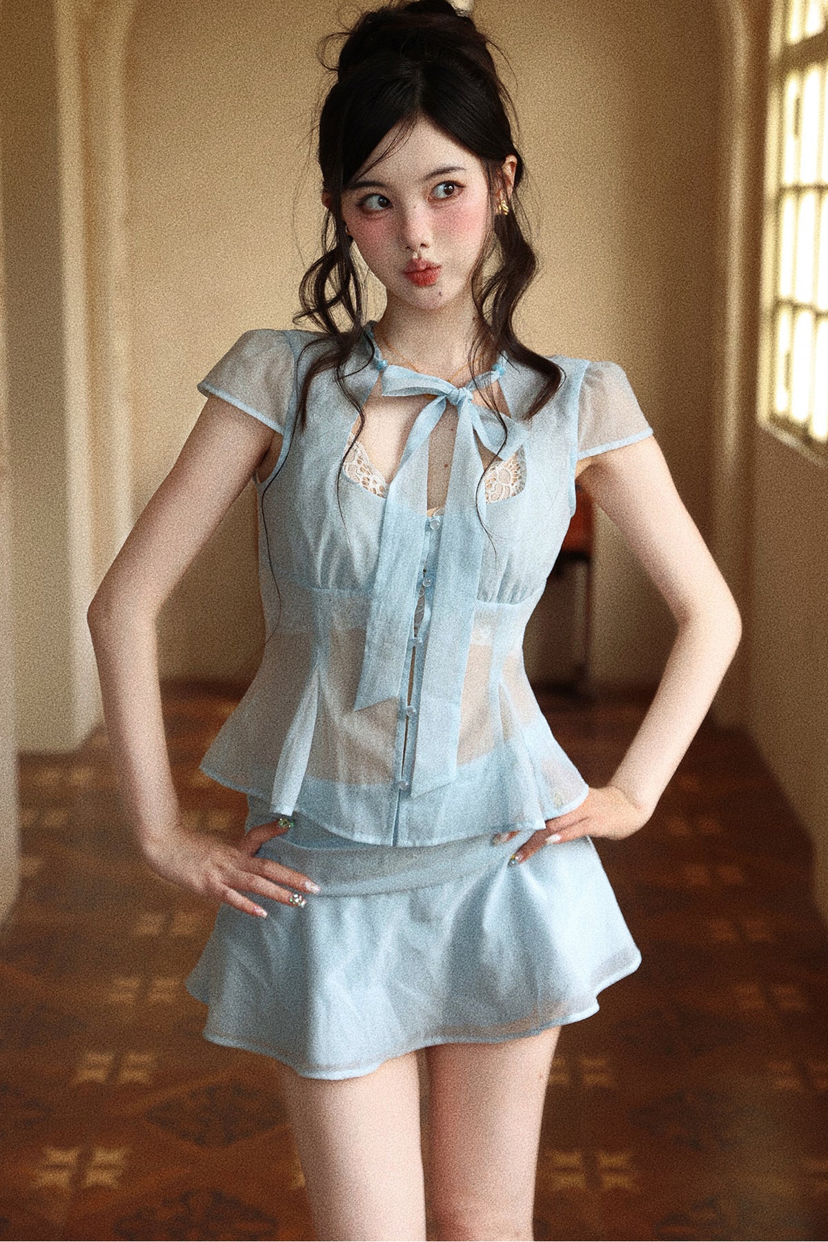Light Blue Double Layer Chiffon Ruffle Skirt