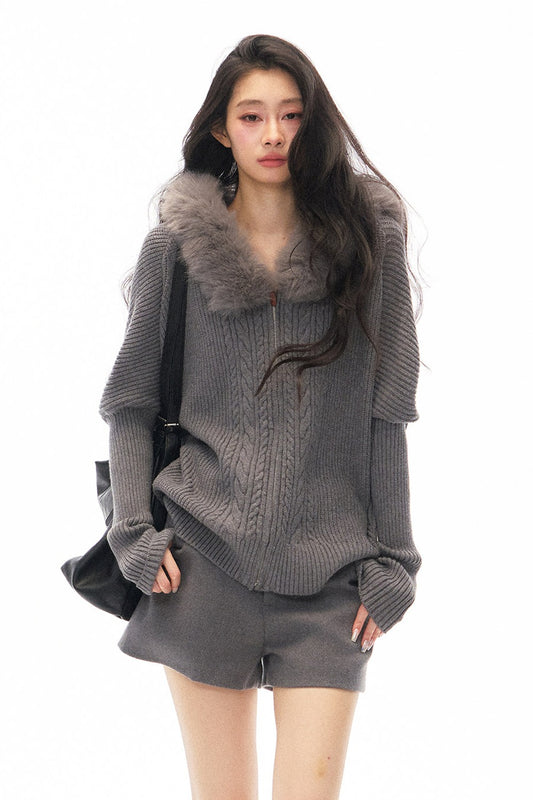 Fur Collar Knit Cardigan and Skirt Set-Up