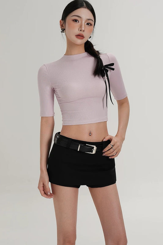 Cropped High Neck Short Sleeve Top