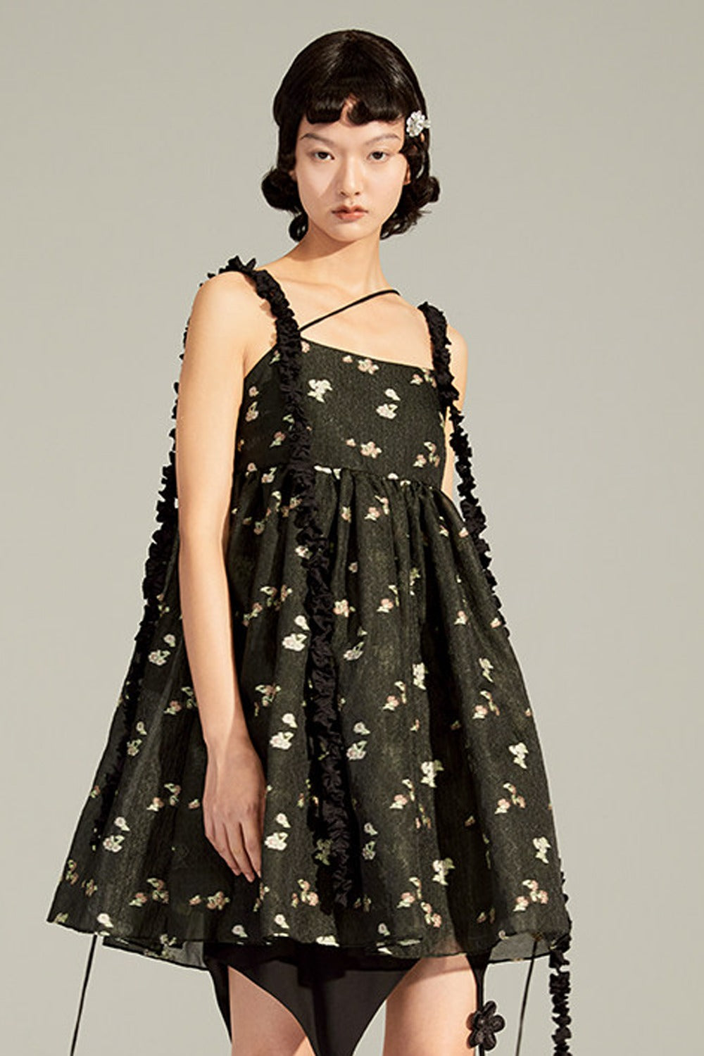 Floral Jacquard Ruffle Strap Dress