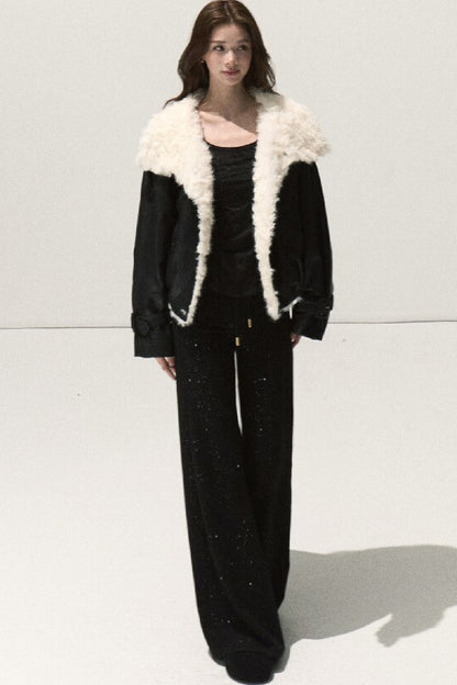 Silver-Embellished High-Waisted Wide-Leg Pants