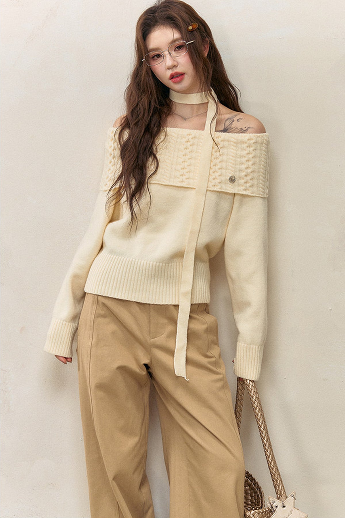 Off-Shoulder Knitted Sweater and Pants Set-Up