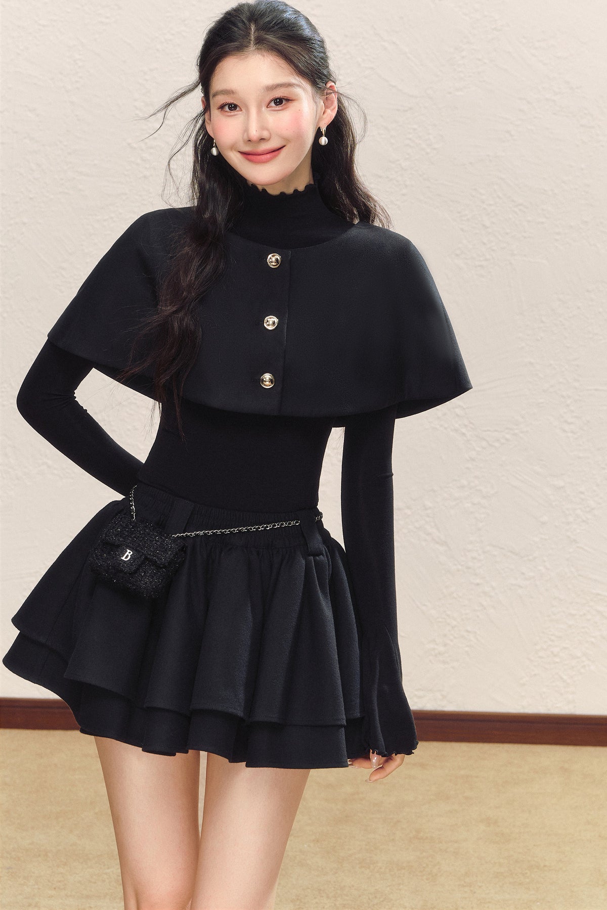 Black Long-Sleeve Base Shirt and Knitted Skirt Set-Up