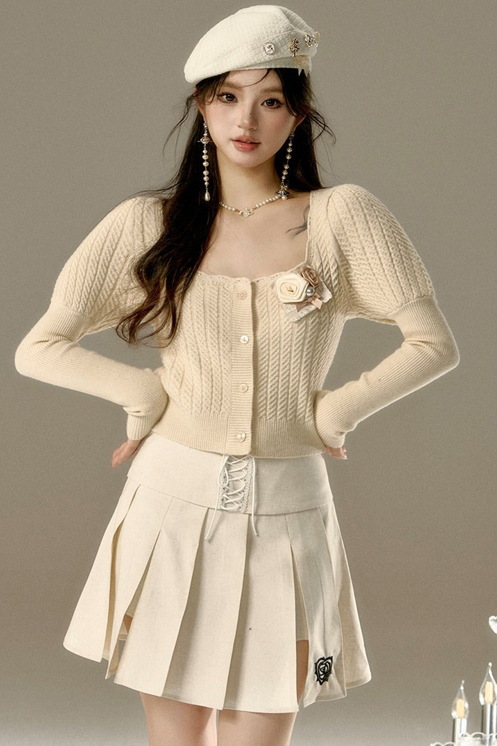 Rose Heart Embroidery Lace-Up Pleated A-Line Skirt