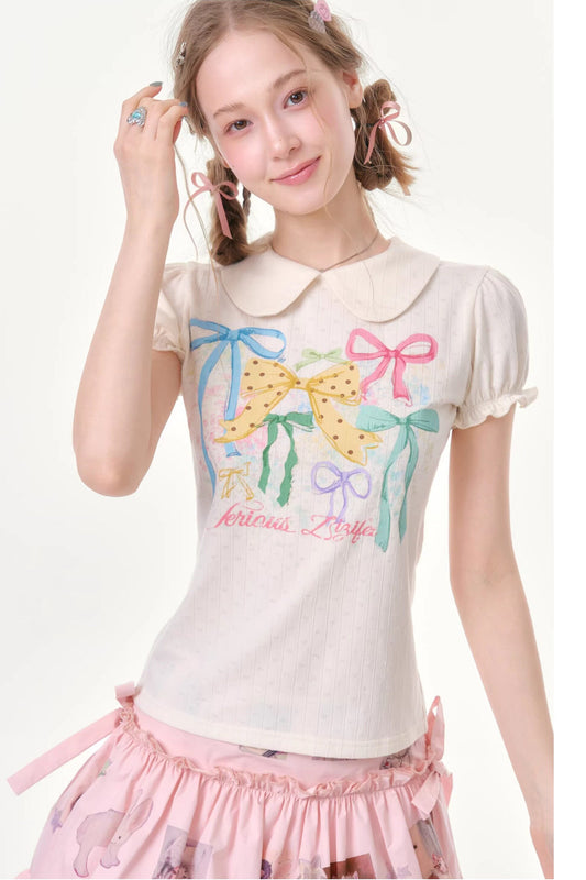 White Puff Sleeve Bow Print T-Shirt