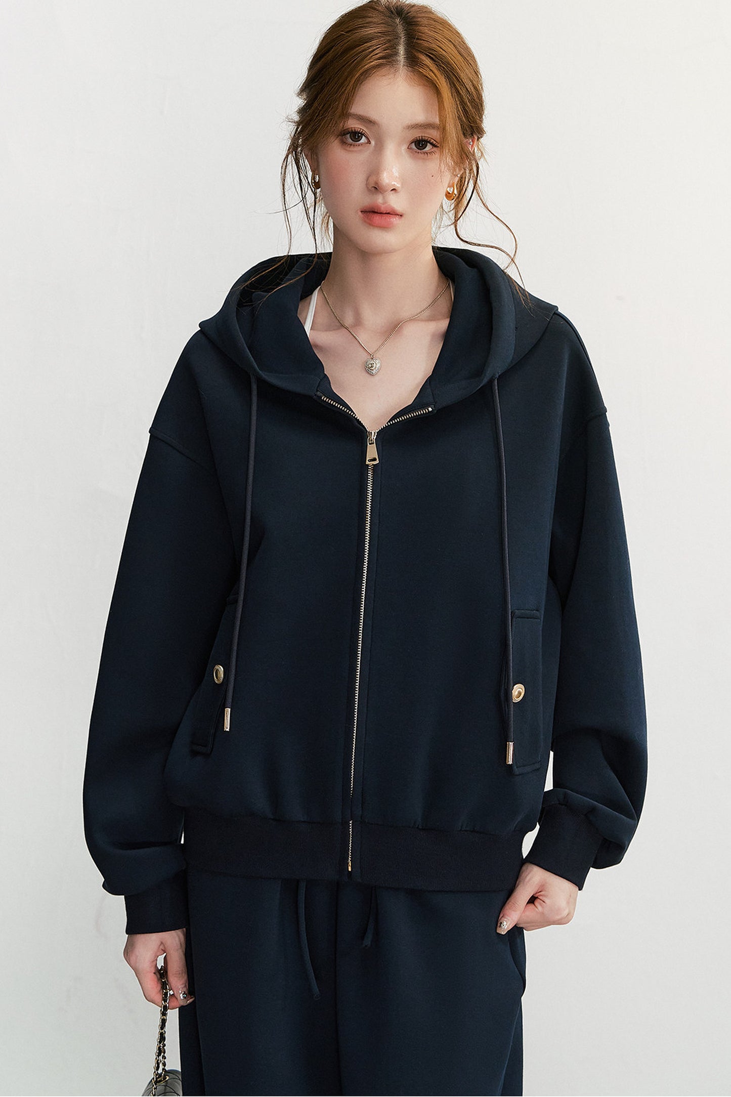 Embroidered Hooded Cardigan Sweatshirt and Wide-Leg Pants Set-Up