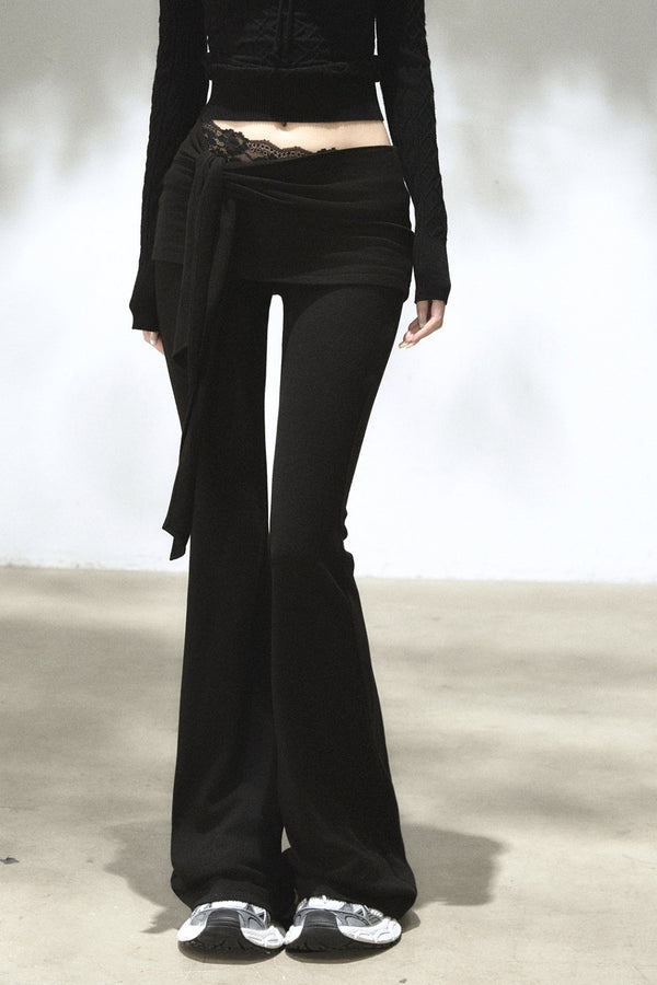 Fold-Over Waist Lace Tie-Up Flared Pants