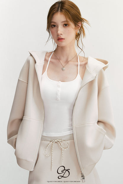 Long-Sleeved Oversized Hooded Sweatshirt Jacket And Skirt Set-Up