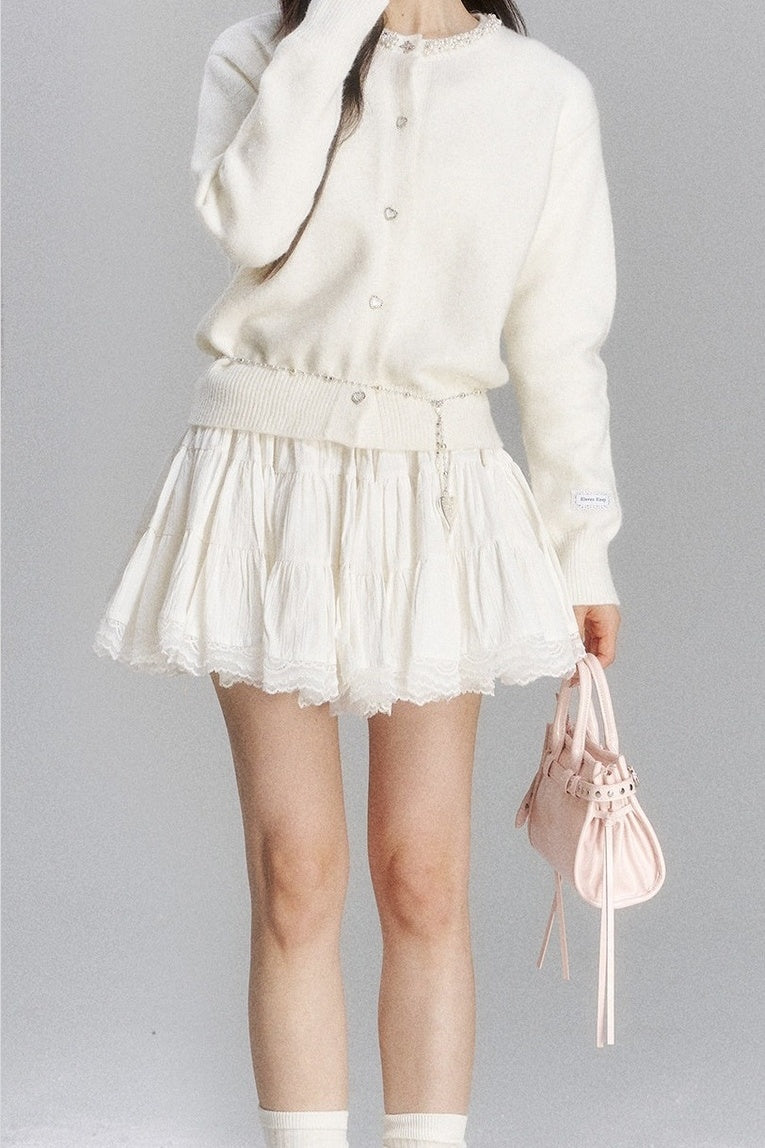 Lace Trim Knit Cardigan and Skirt Set-Up