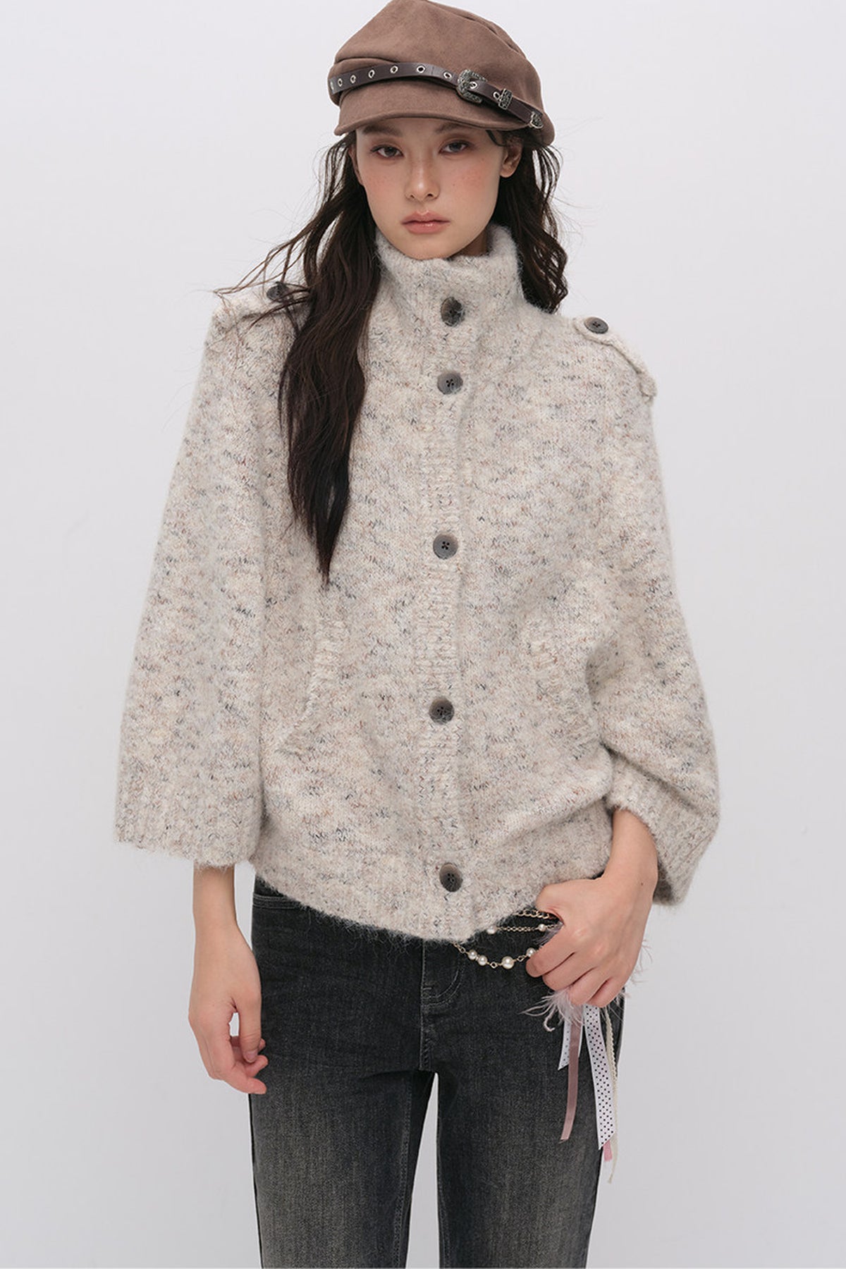 Stand Collar Corsage Knit Cardigan