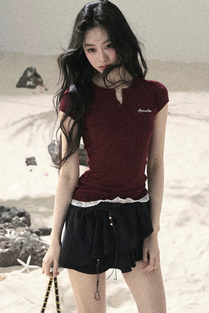 American Style Lace Fake Two-Piece Top