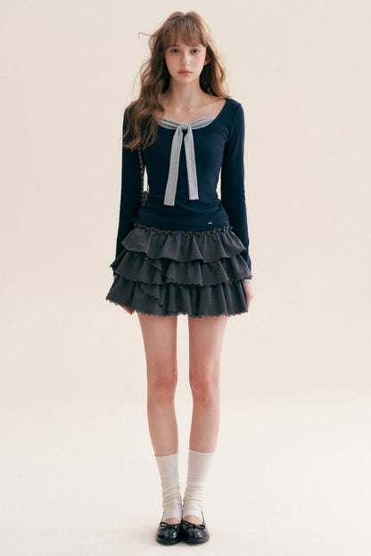 Striped Tie Square Neck Long-Sleeve T-Shirt