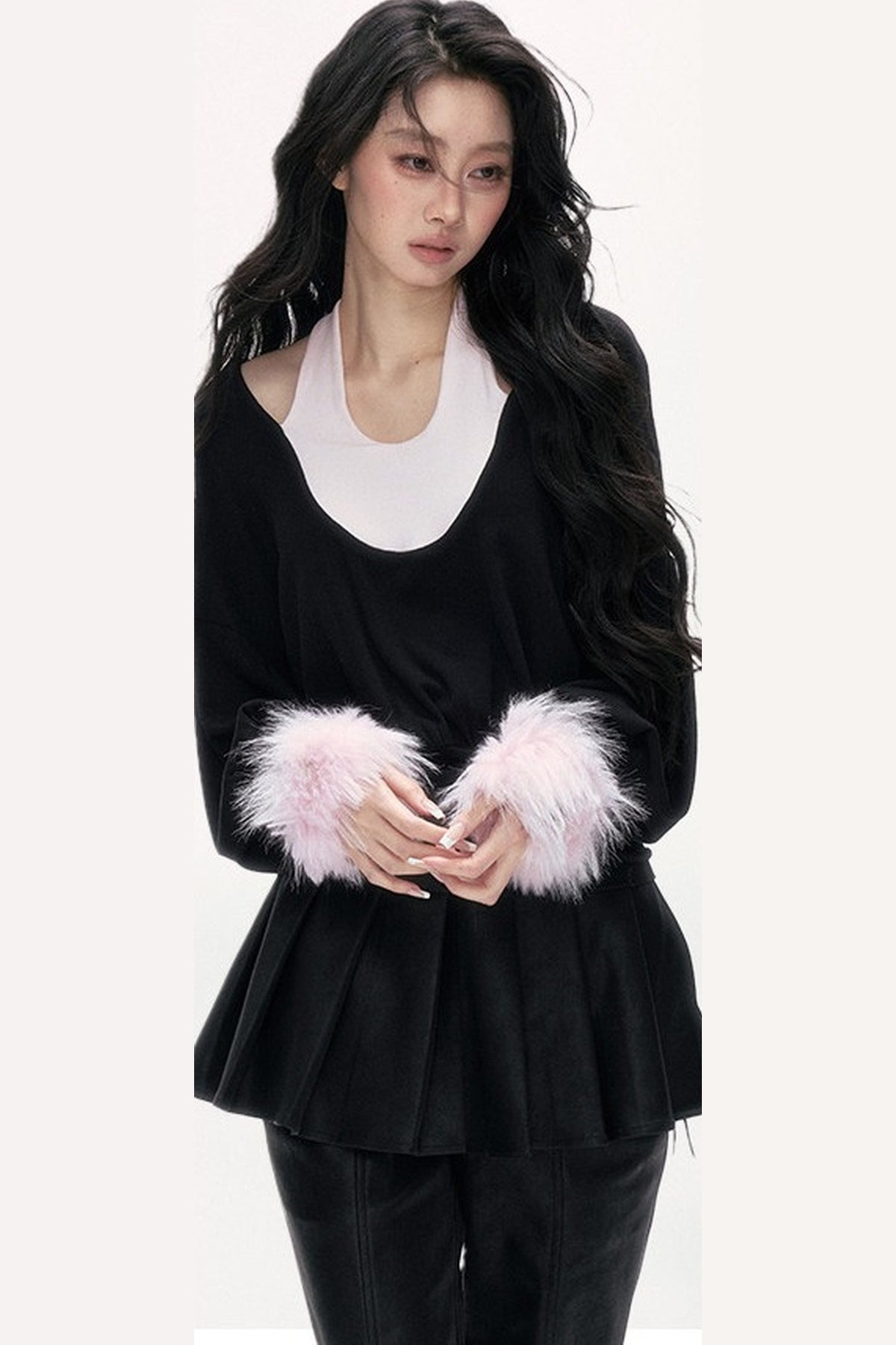 Detachable Halter Batwing U-Neck Knit Top Set-Up