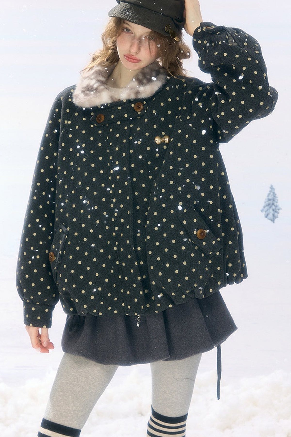 Short Polka Dot Plush Collar Cotton Jacket