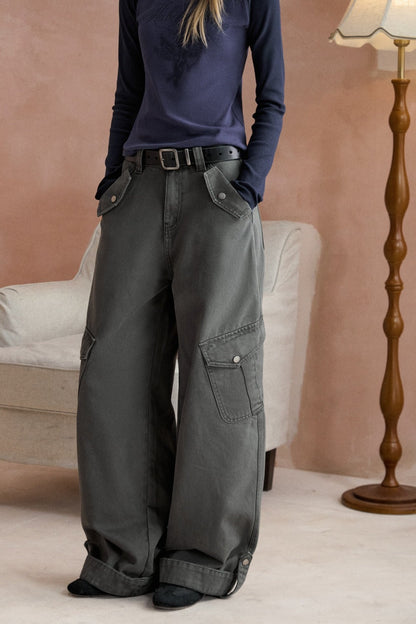 Gray Green Cargo Wide-Leg Pants