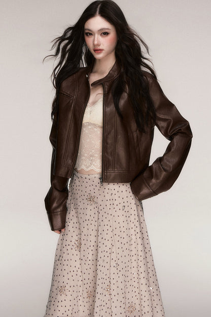 Brown Stand-Up Collar PU Leather Jacket
