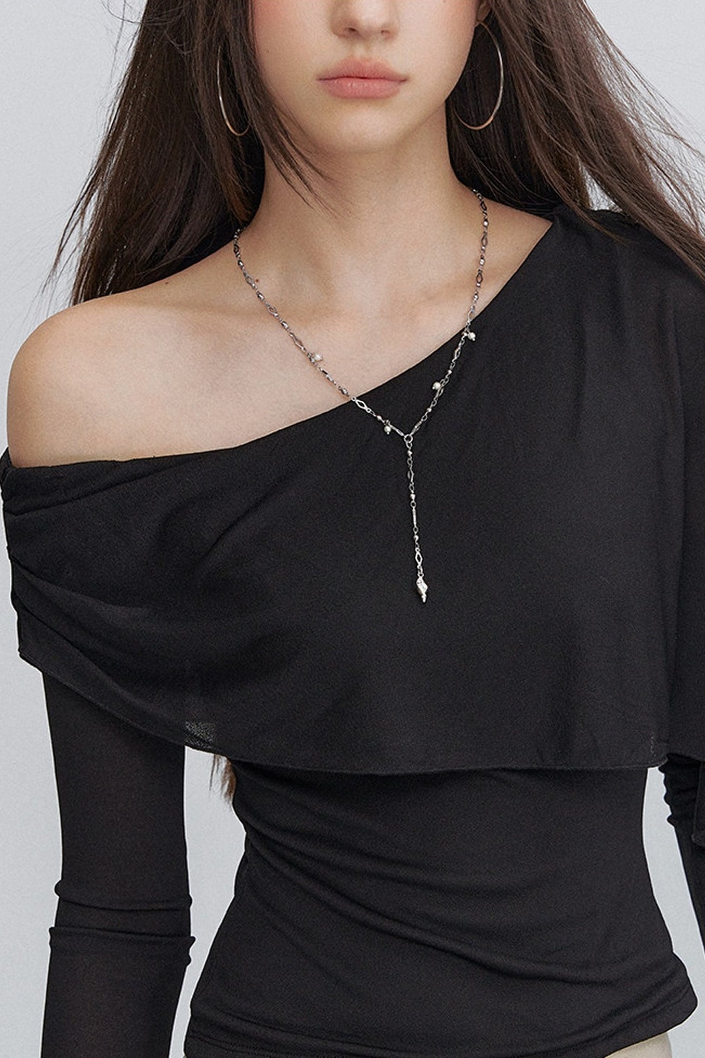 Asymmetric One-Shoulder Button Shawl Long Sleeve Top