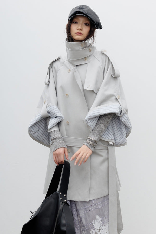 Silhouette Cape-Style Wide-Sleeve Trench Coat