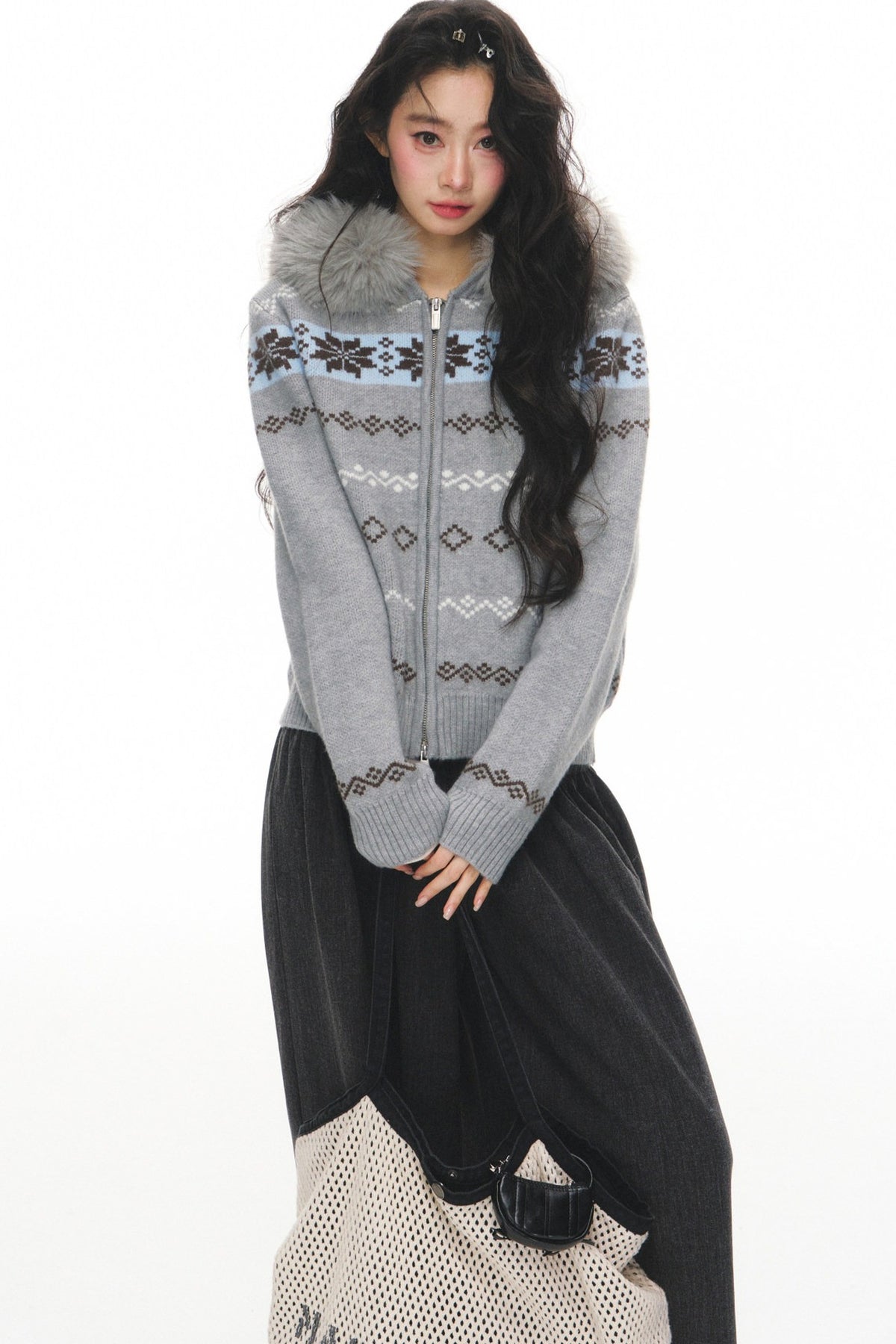 Fair Isle Jacquard Fur Collar Cardigan Set-Up