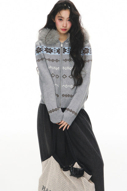 Fair Isle Jacquard Fur Collar Cardigan Set-Up