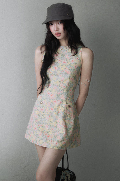 Pink Yellow Floral Sleeveless Vest Dress