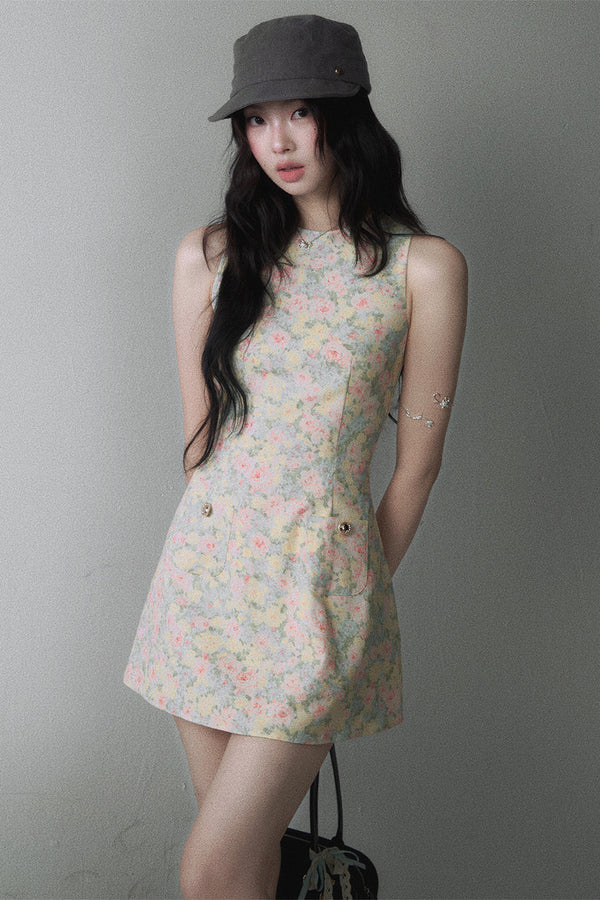 Pink Yellow Floral Sleeveless Vest Dress
