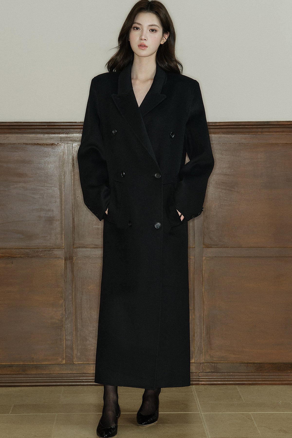 Double Breasted Notch Lapel Long Wool Coat