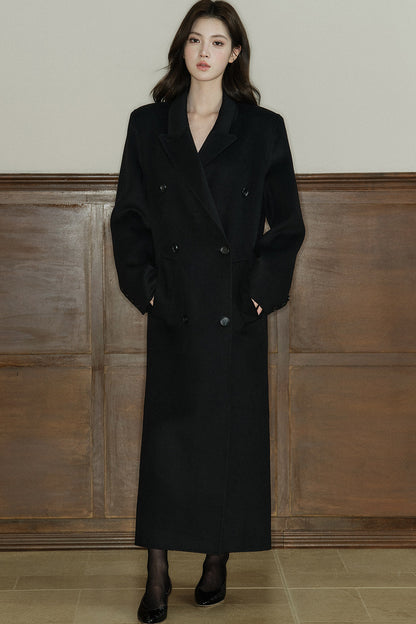 Double Breasted Notch Lapel Long Wool Coat