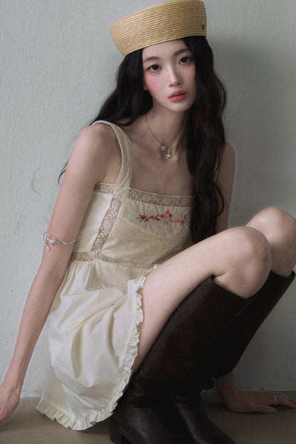 Floral Embroidered Square Neck Sleeveless Mini Dress