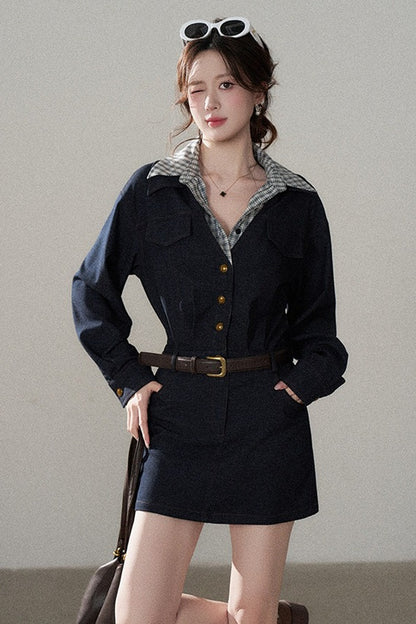 Robe trapèze taille haute à manches longues
