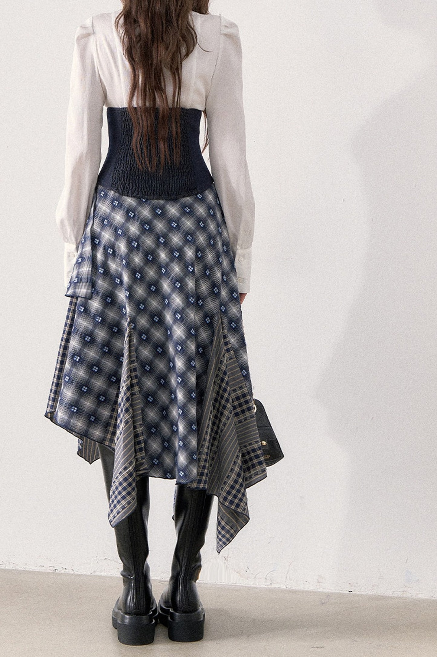 White Shirt and Denim Waistband Asymmetrical Plaid Skirt Set-Up