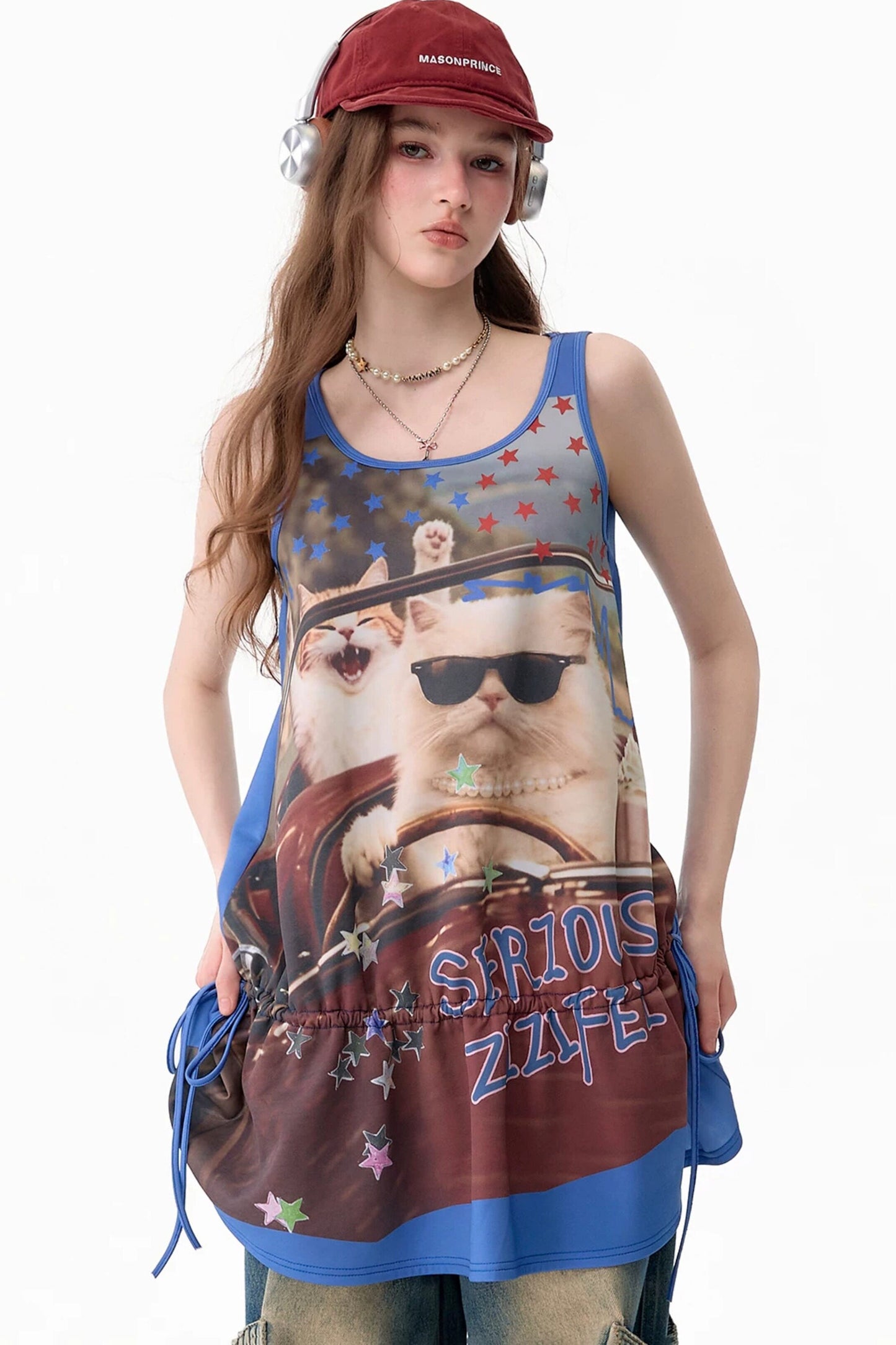 Robe sans manches streetwear rétro américaine à imprimé chat