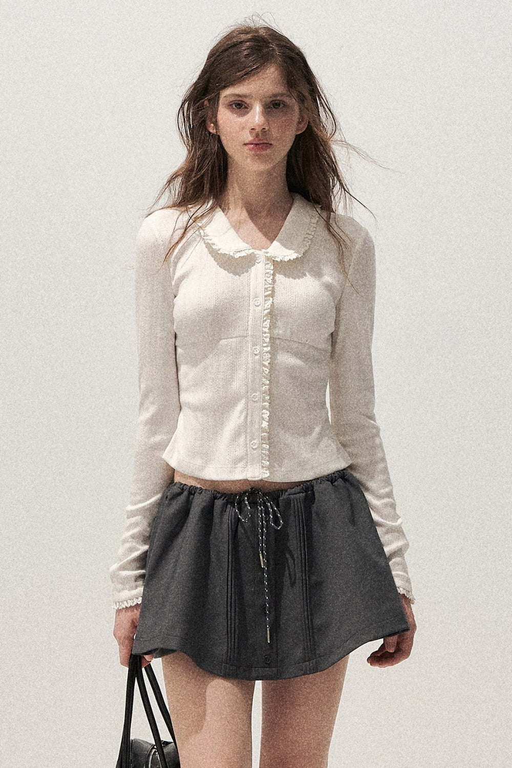 Doll Collar Textured Hollow Floral Cardigan