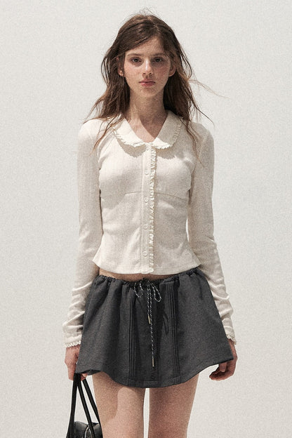 Doll Collar Textured Hollow Floral Cardigan