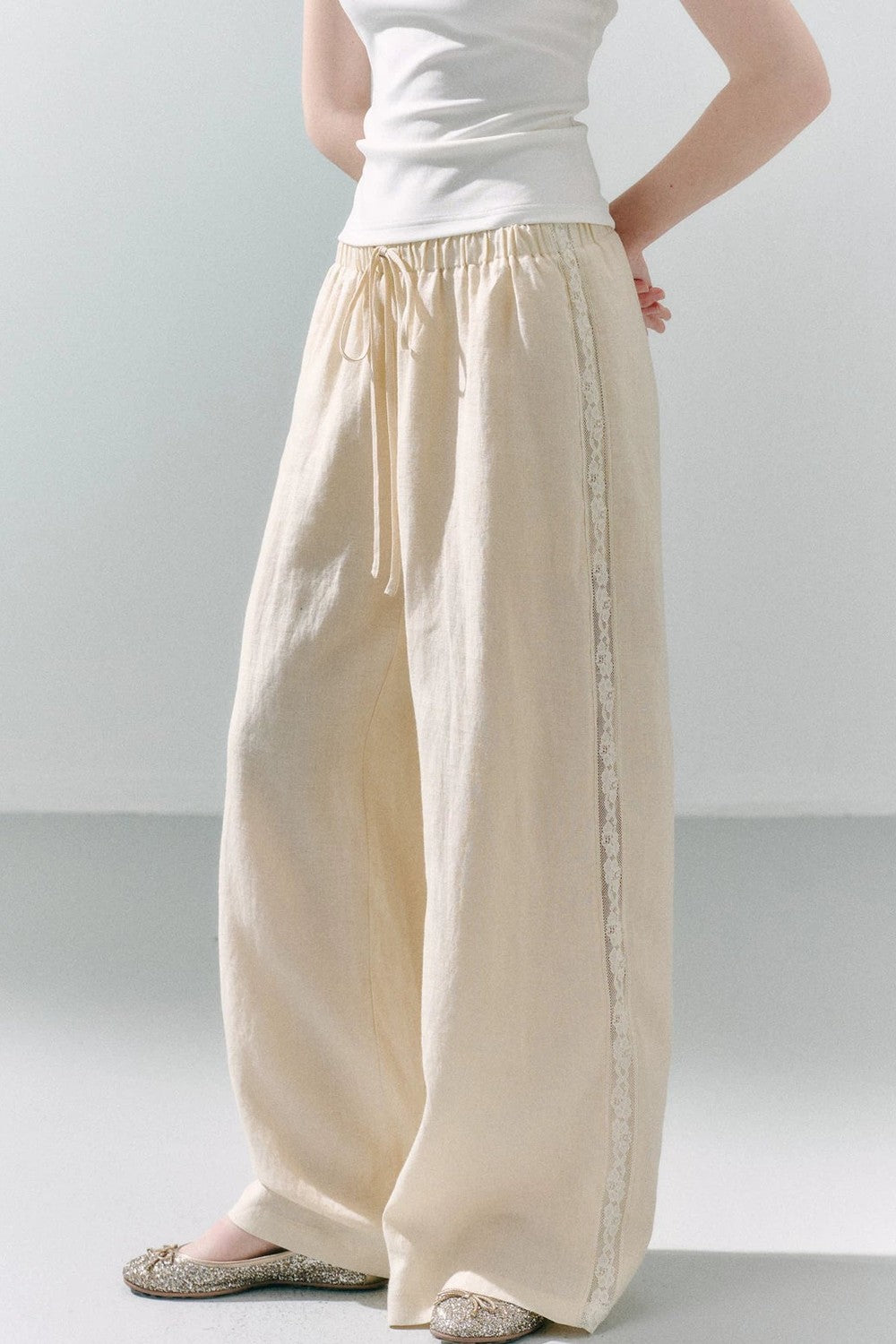 Pure Linen Lace-Trimmed Wide Leg Pants