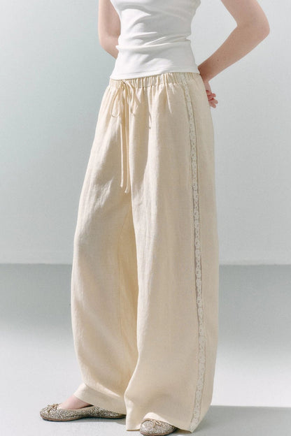 Pure Linen Lace-Trimmed Wide Leg Pants